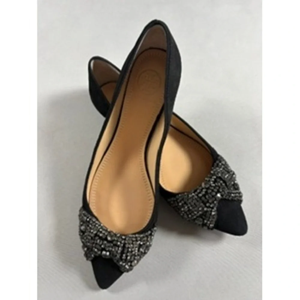 Tory Burch Black Suede Crystal Bow Vanessa Pointed Toe Ballet Flats Shoes 5.5